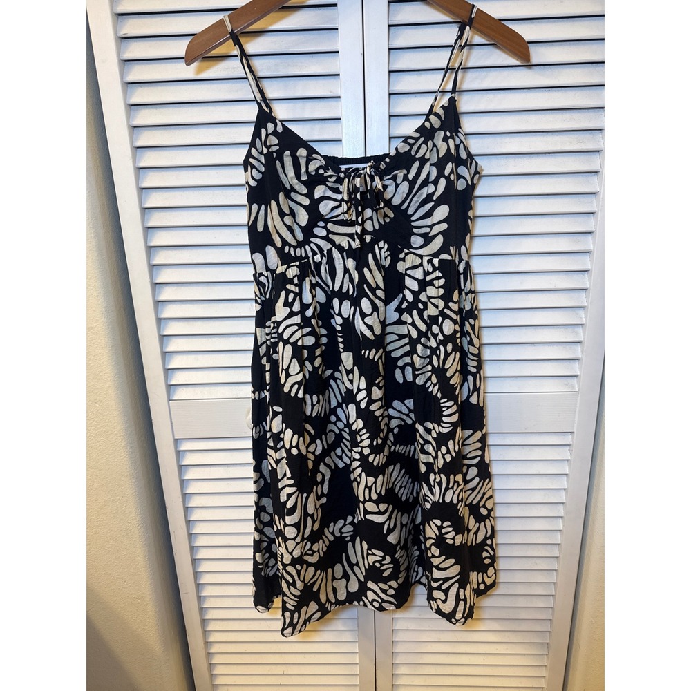 Nine West Womens XS Black White Abstract Print Smocked Back Tie Front Sundress